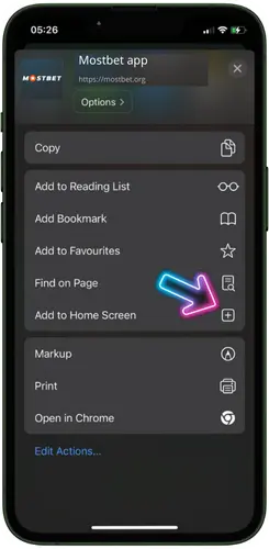 Selecting Add to Home Screen in Safari menu
