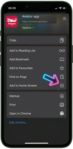 Selecting Add to Home Screen for Aviator app