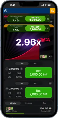Aviator game showing 2.96x multiplier and 2,000 BDT bet win on Mostbet