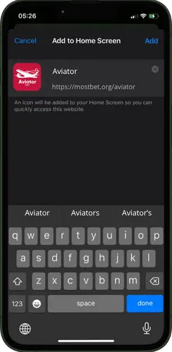 Typing the shortcut name Aviator before adding