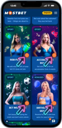 Mostbet bonus cards with highlighted activation button