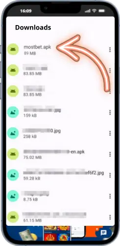 Android Downloads folder showing the mostbet.apk file