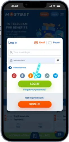 Mostbet app login screen with email and phone sign-in options