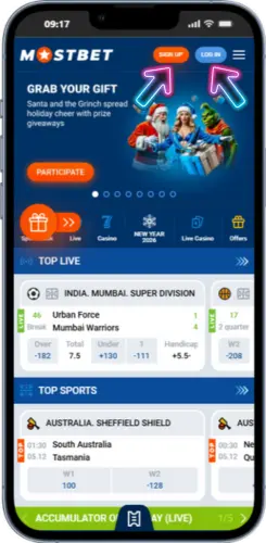 Mostbet homepage with Sign Up and Log In buttons highlighted