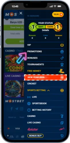 Mostbet side menu opened with the Promotions section highlighted