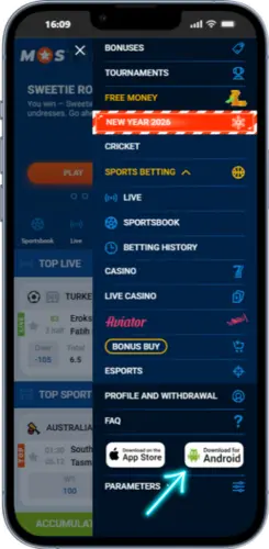 Mostbet app side menu with Android download option highlighted