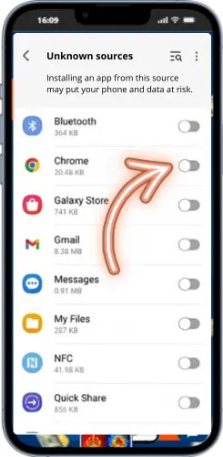Android settings screen enabling installation from unknown sources
